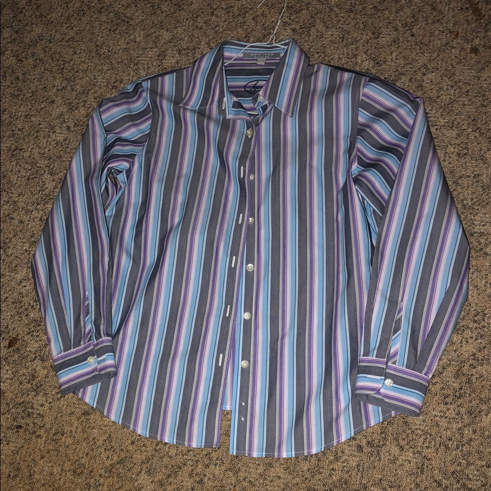 Foxcroft Blue and Purple Striped Button-Down Shirt